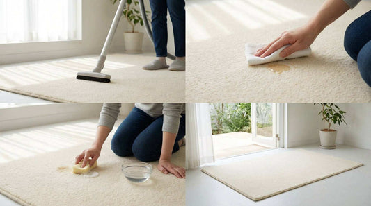 close-up of hands gently cleaning a wool rug with soft brush and mild solution in a bright room