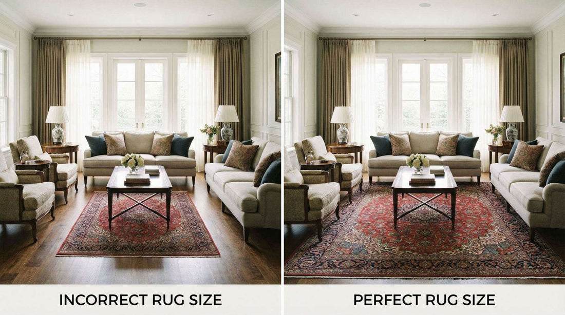 Illustration of rug size guide for living room, bedroom, and dining room with measurements and placement tips