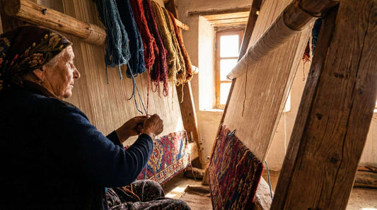 artisan tying knots on a hand knotted rug loom showcasing traditional rug weaving process