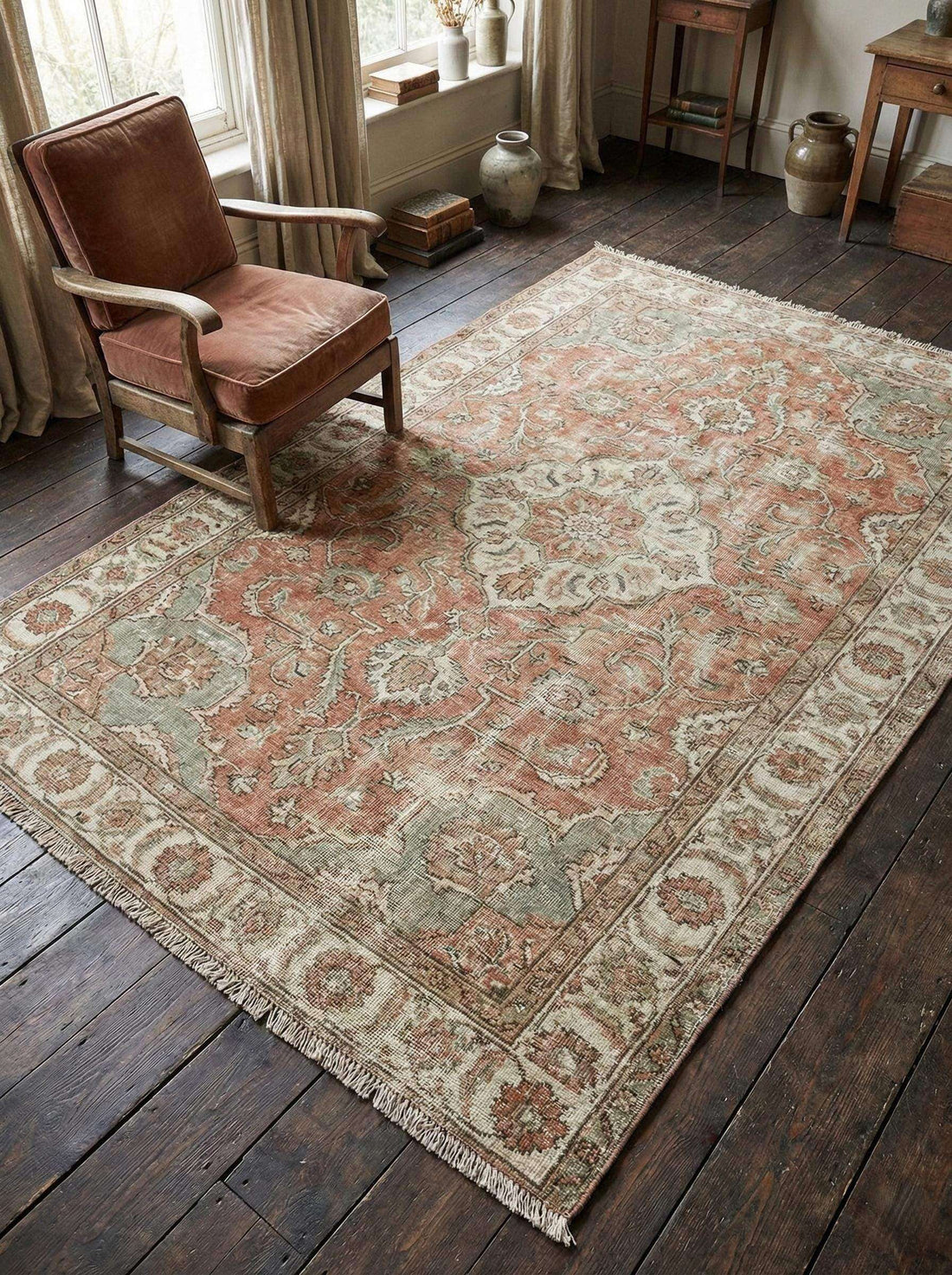 Hand-knotted Oushak wool rug in muted rust and sage green