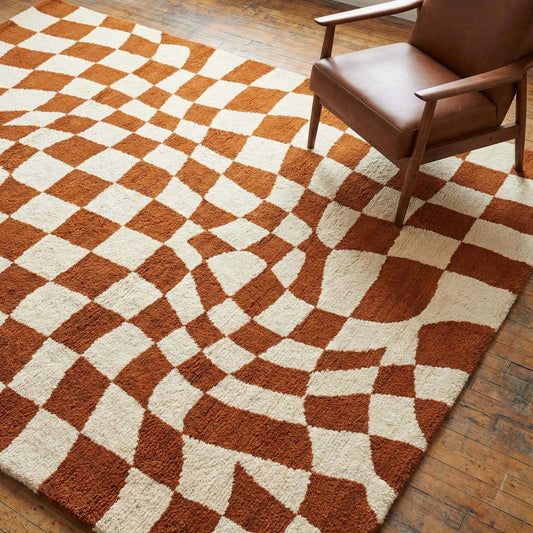Colorful retro rug with bold geometric patterns and vintage-inspired design elements