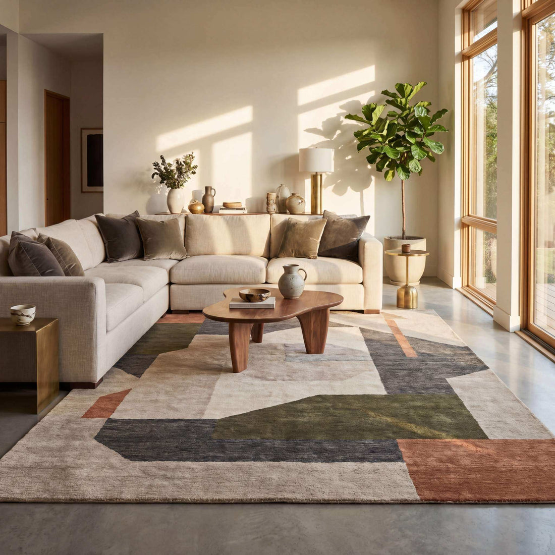 Modern living room showcasing the best rug colors for 2026 including beige, grey, green, terracotta, ivory, and navy blue rugs