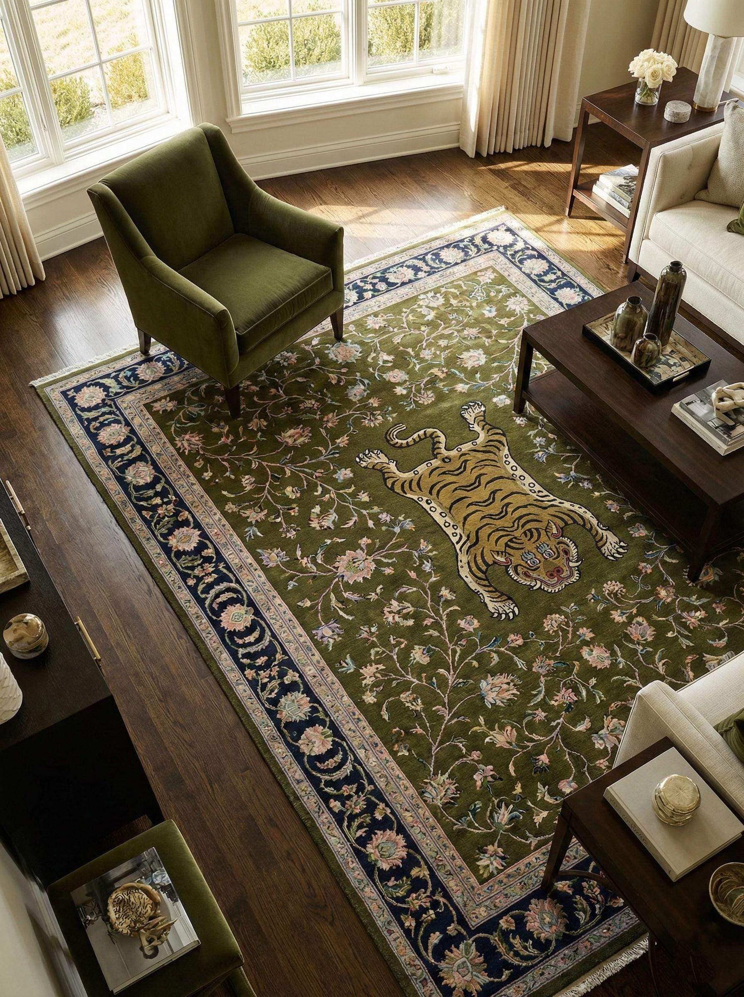 Handmade tiger rugs with bold wildlife designs and quality craftsmanship in living room setting