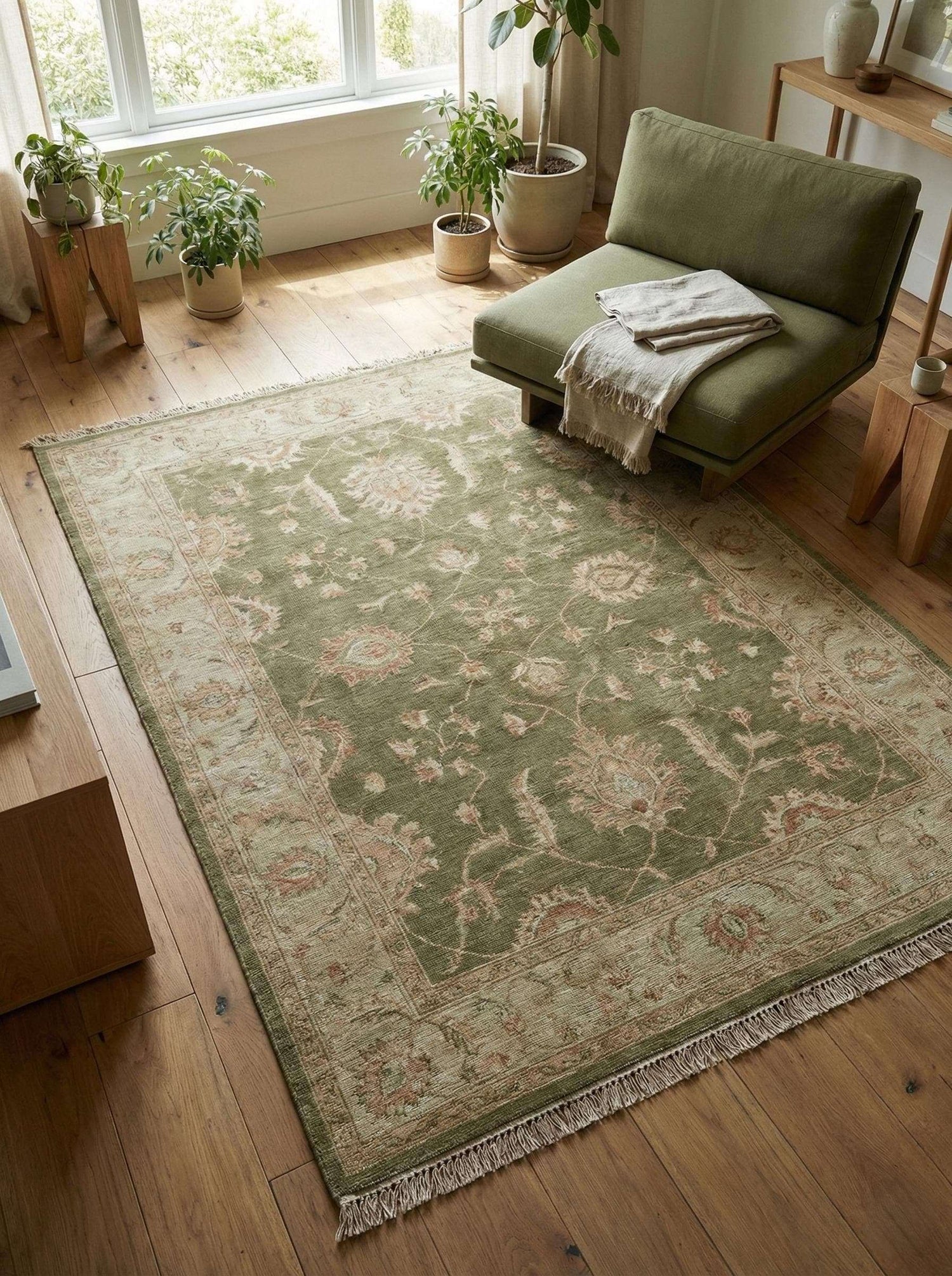 Oushak hand knotted rugs with soft colors and traditional Turkish patterns for elegant interiors