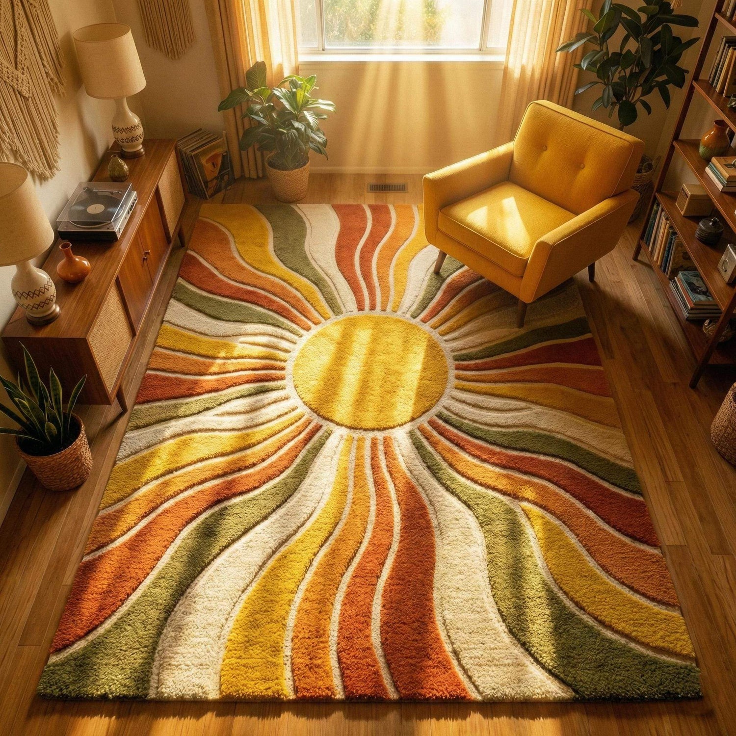 Handmade yellow wool rugs with bright cheerful designs for living spaces