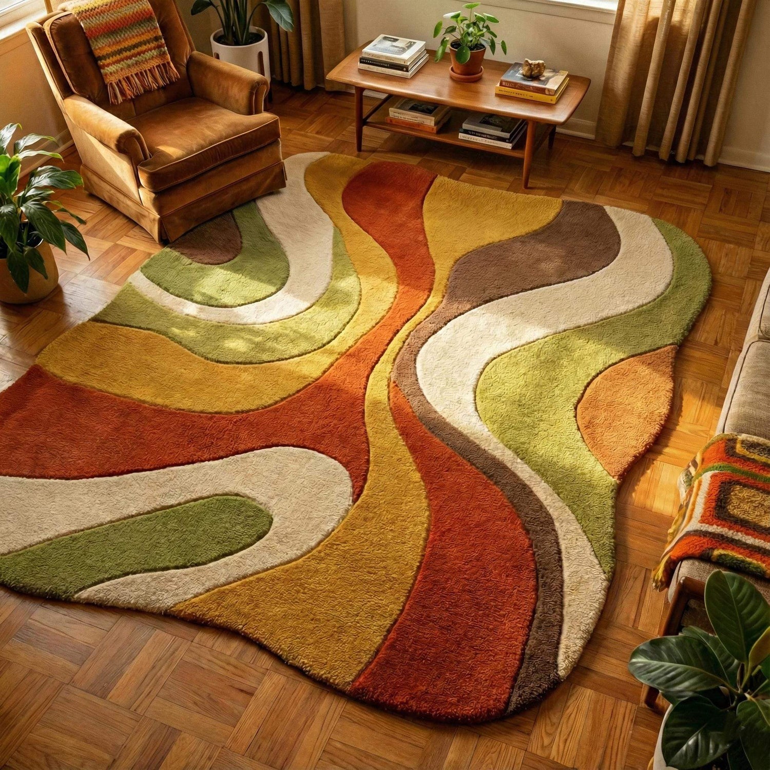Wavy handmade wool rugs with flowing patterns for modern interiors