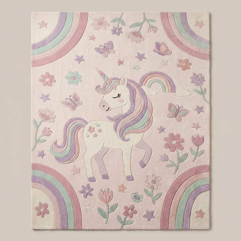 Handmade pink wool rug with bright, cheerful design