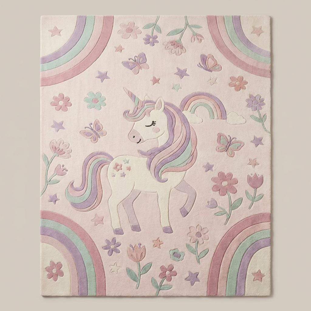 Handmade pink wool rug with bright, cheerful design