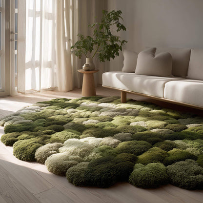 Handmade green 3D moss rug with textured pebble surface and cushioned organic area design