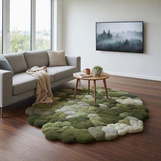 Handmade 3D moss rug with green textured carpet and soft cushioned surface for organic indoor decor