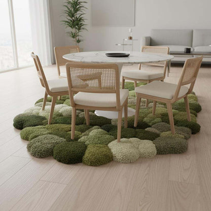 Handmade 3D moss rug with green textured tufted design and soft cushioned surface for organic indoor decor