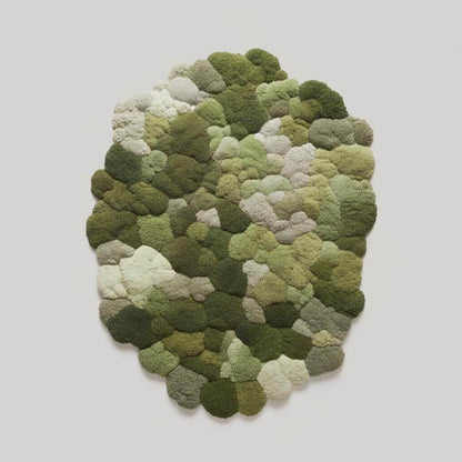 Handmade 3D moss rug with green textured pebble surface, organic round tufted carpet for living room and meditation spaces