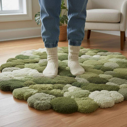 Handmade 3D moss rug with green textured pebble design, round organic area rug for living room and meditation spaces