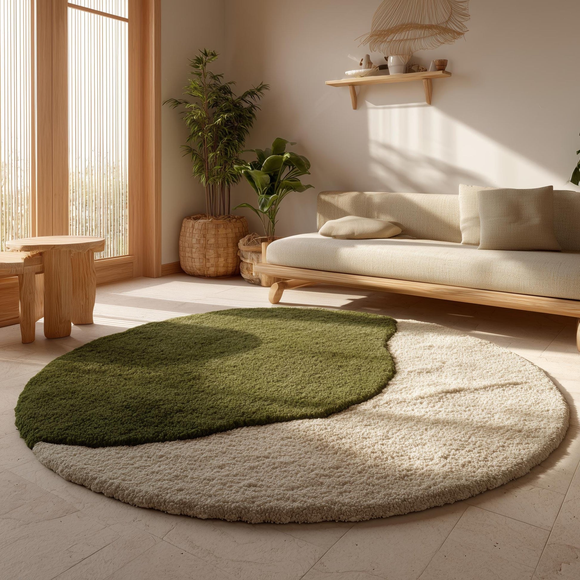 3D Moss Stone Circle Rug: Green & Grey Textured Accent Rug Teppich