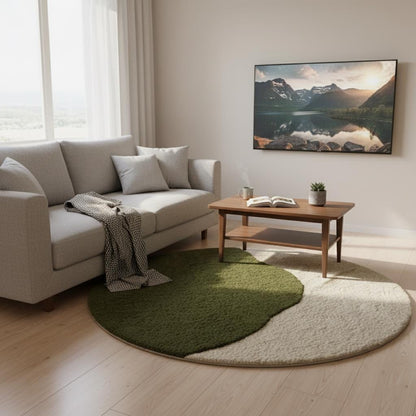 3D moss stone rug with green and grey textured round design for boho and minimalist home decor