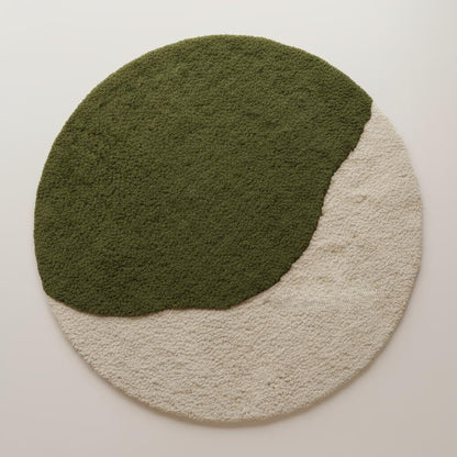3D moss stone rug with green and grey textured round design for meditation and living rooms