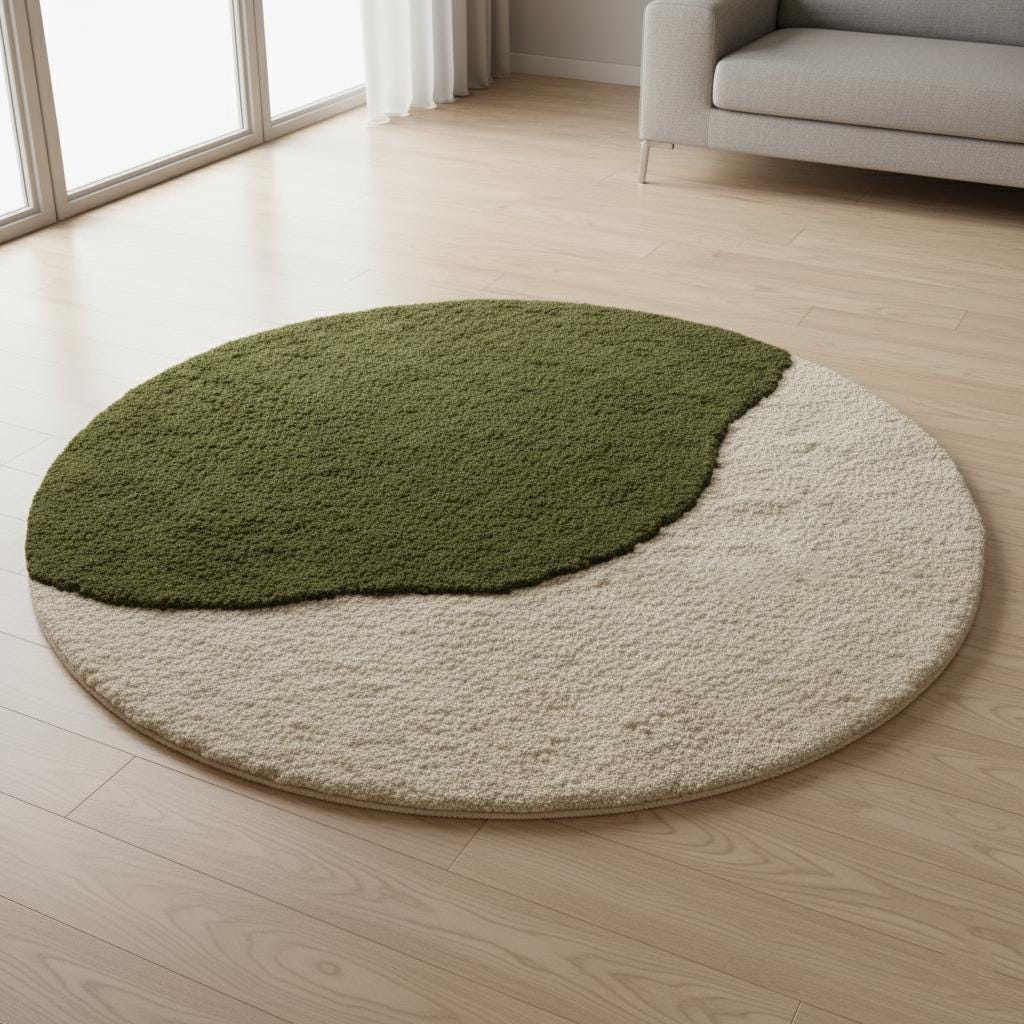 3D Moss Stone Circle Rug: Green & Grey Textured Accent Rug Teppich