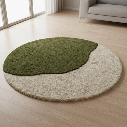 3D moss stone rug with green and grey textured round design for calming home decor