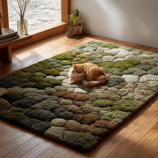 3D moss tufted rug with green and brown textured forest floor design for living room and meditation spaces