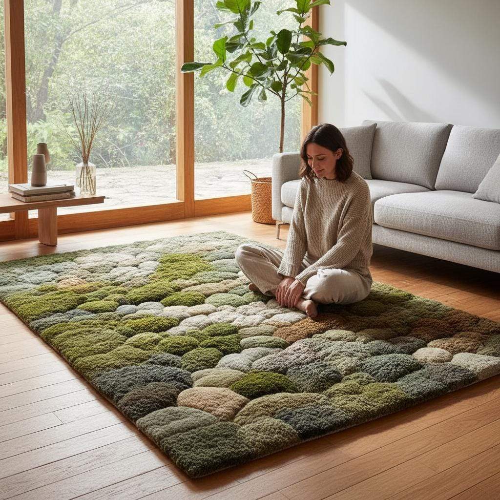 3D Moss Tufted Rug: Green & Brown Nature-Inspired Area Carpet