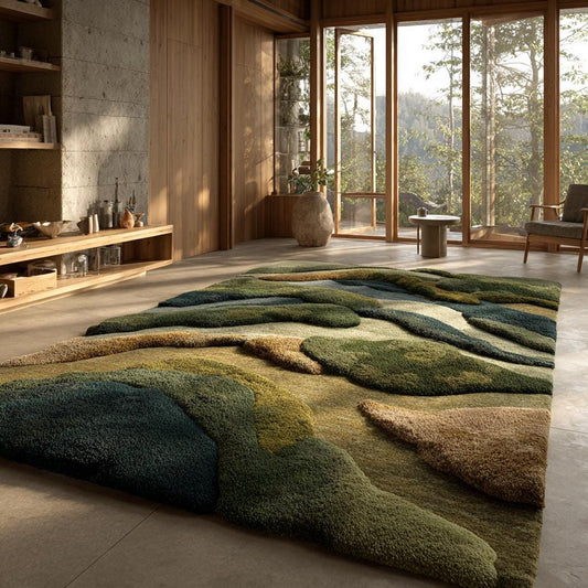 Hand-tufted wool rug with 3D earth tone textured landscape design, eco-friendly and handmade