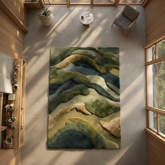 3D Textured Wool Rug: Hand-Tufted Earthy Landscape Carpet