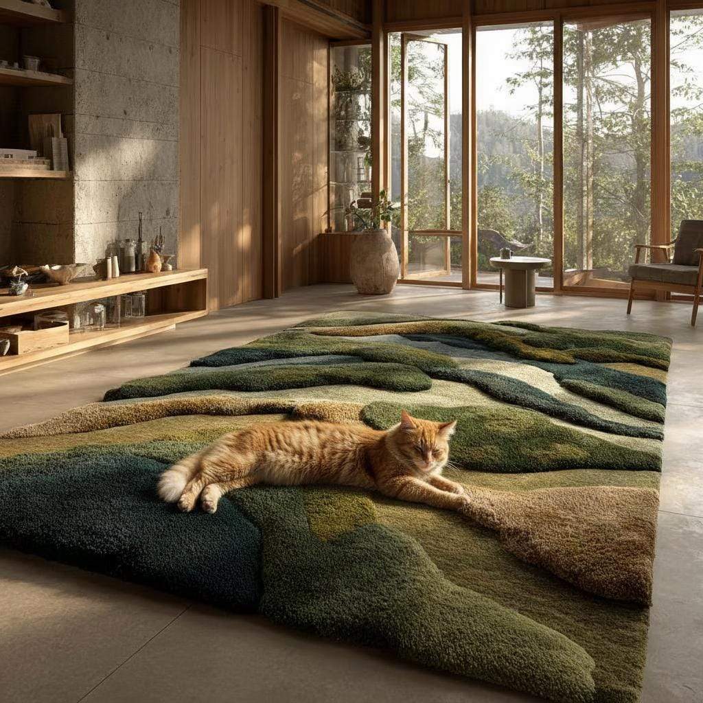 3D Textured Wool Rug: Hand-Tufted Earthy Landscape Carpet