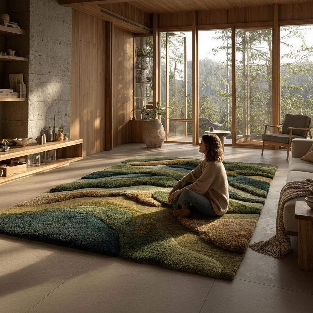 3D Textured Wool Rug: Hand-Tufted Earthy Landscape Carpet