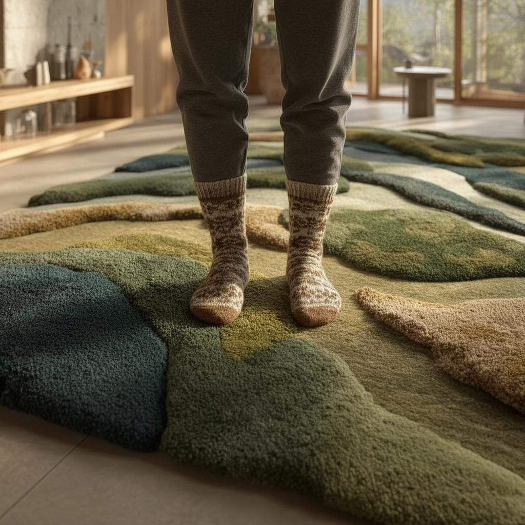 3D Textured Wool Rug: Hand-Tufted Earthy Landscape Carpet