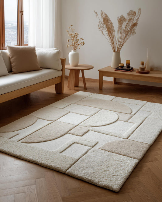 3D textured geometric area rug in beige and cream with modern carved design