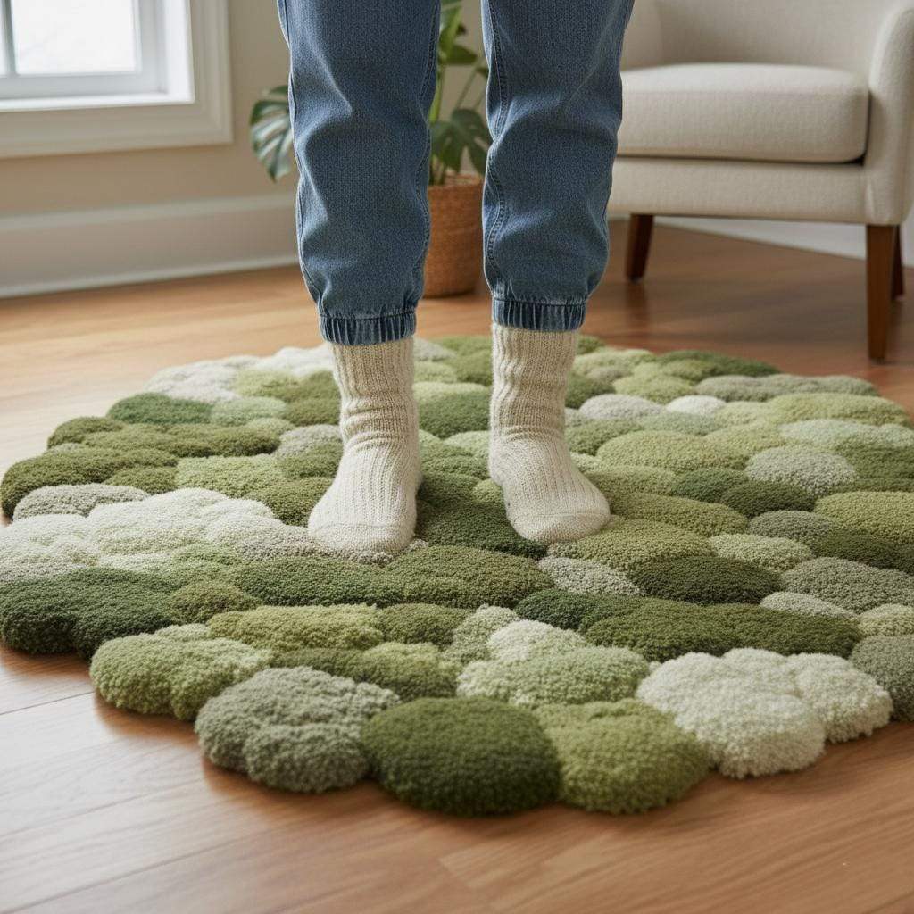 Handmade 3D moss rug with green textured pebble design, round organic area rug for living room and meditation spaces
