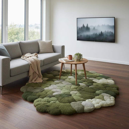 Handmade 3D moss rug with green textured carpet and soft cushioned surface for organic indoor decor