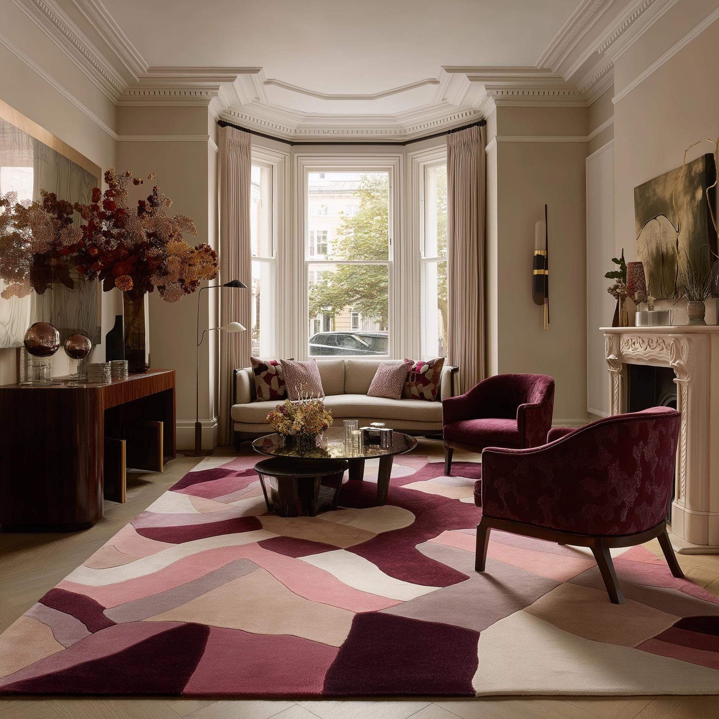 Abstract area rug with burgundy, blush, mauve organic shapes in 9x12 large geometric design