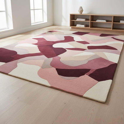 Abstract area rug with burgundy, blush, and mauve geometric design, 9x12 feet large carpet for modern living rooms