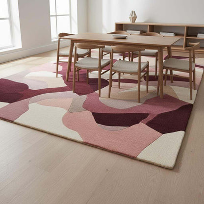 Abstract area rug in burgundy, blush, mauve geometric design, 9x12 feet large carpet for modern living rooms