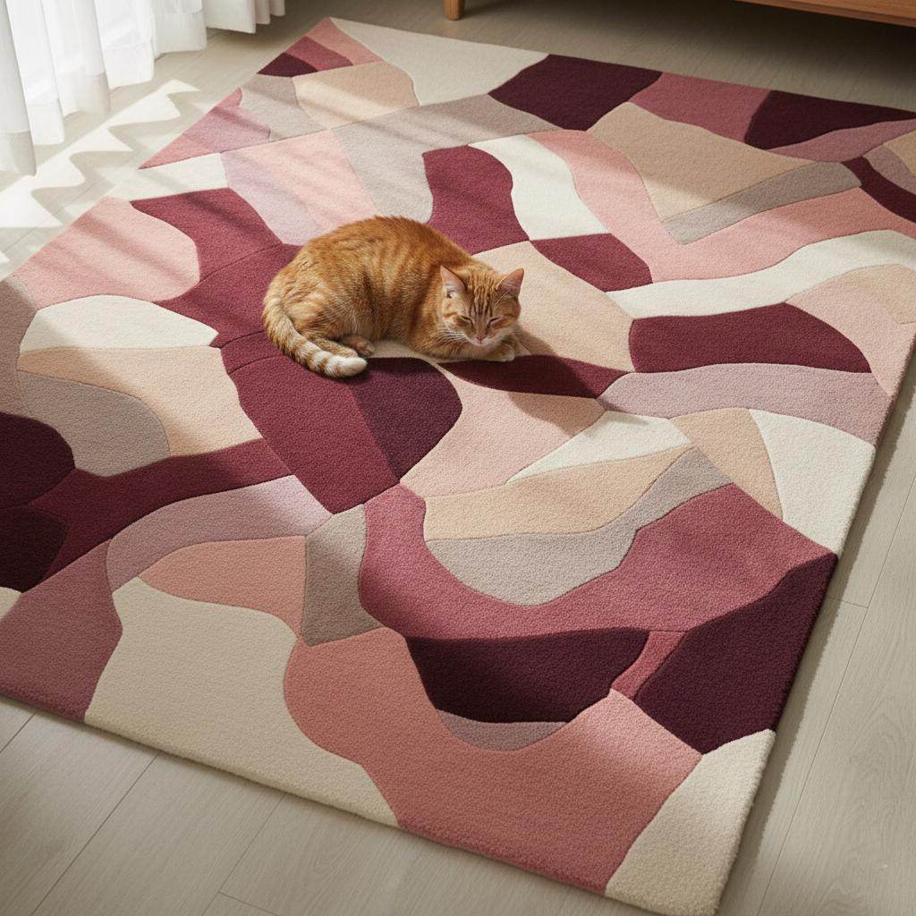 Abstract area rug with burgundy blush mauve organic shapes in 9x12 size