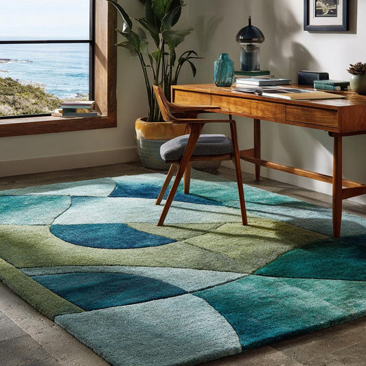 Abstract blue green rug with modern coastal geometric design and plush high-low tufted texture