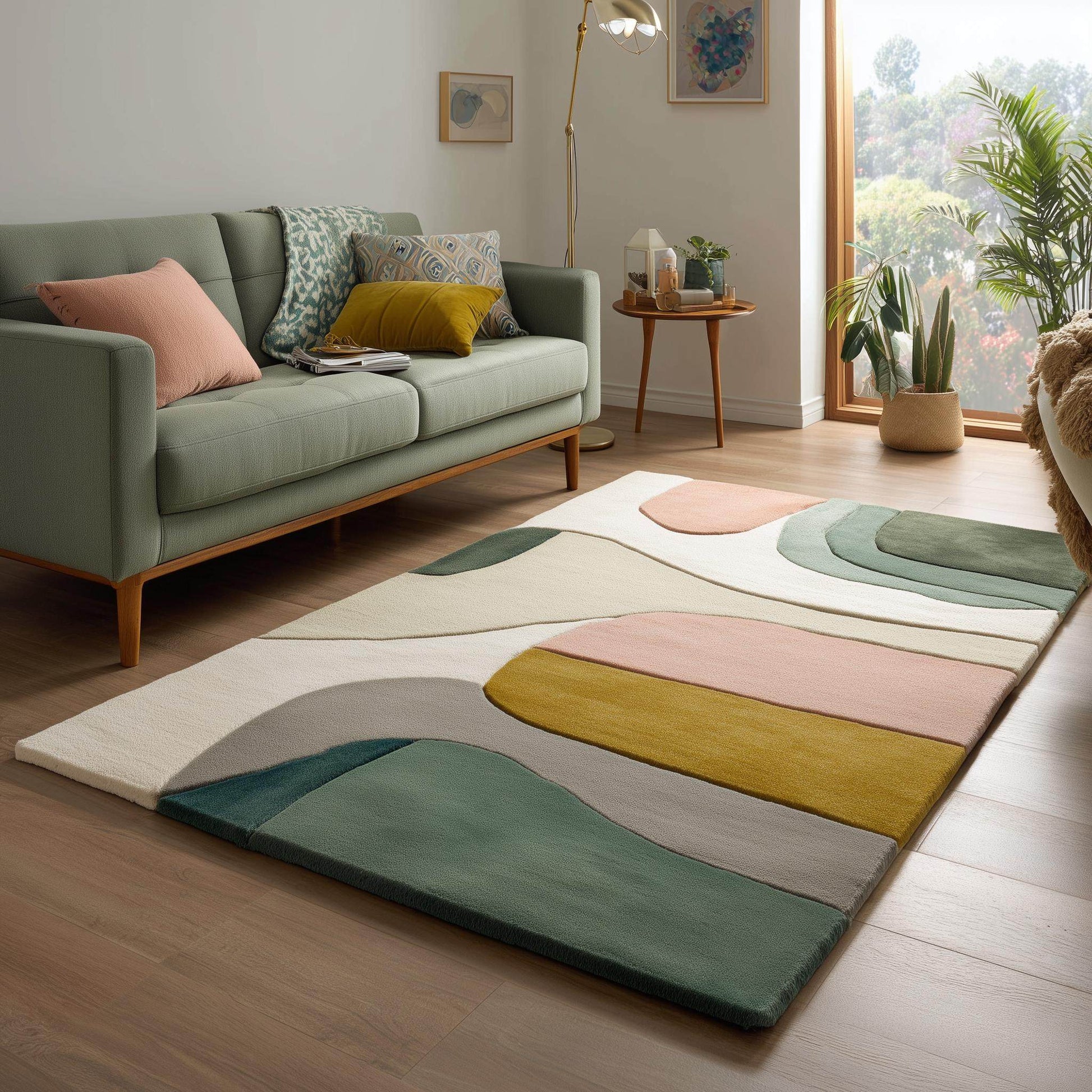 Mid-century color block area rug with geometric design in soft neutral tones of sage green, blush, mustard, cream, and grey.