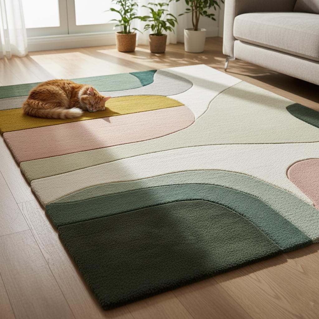 Color Block Area Rug with geometric mid-century design in soft neutral tones including sage green, blush pink, mustard, cream, and grey