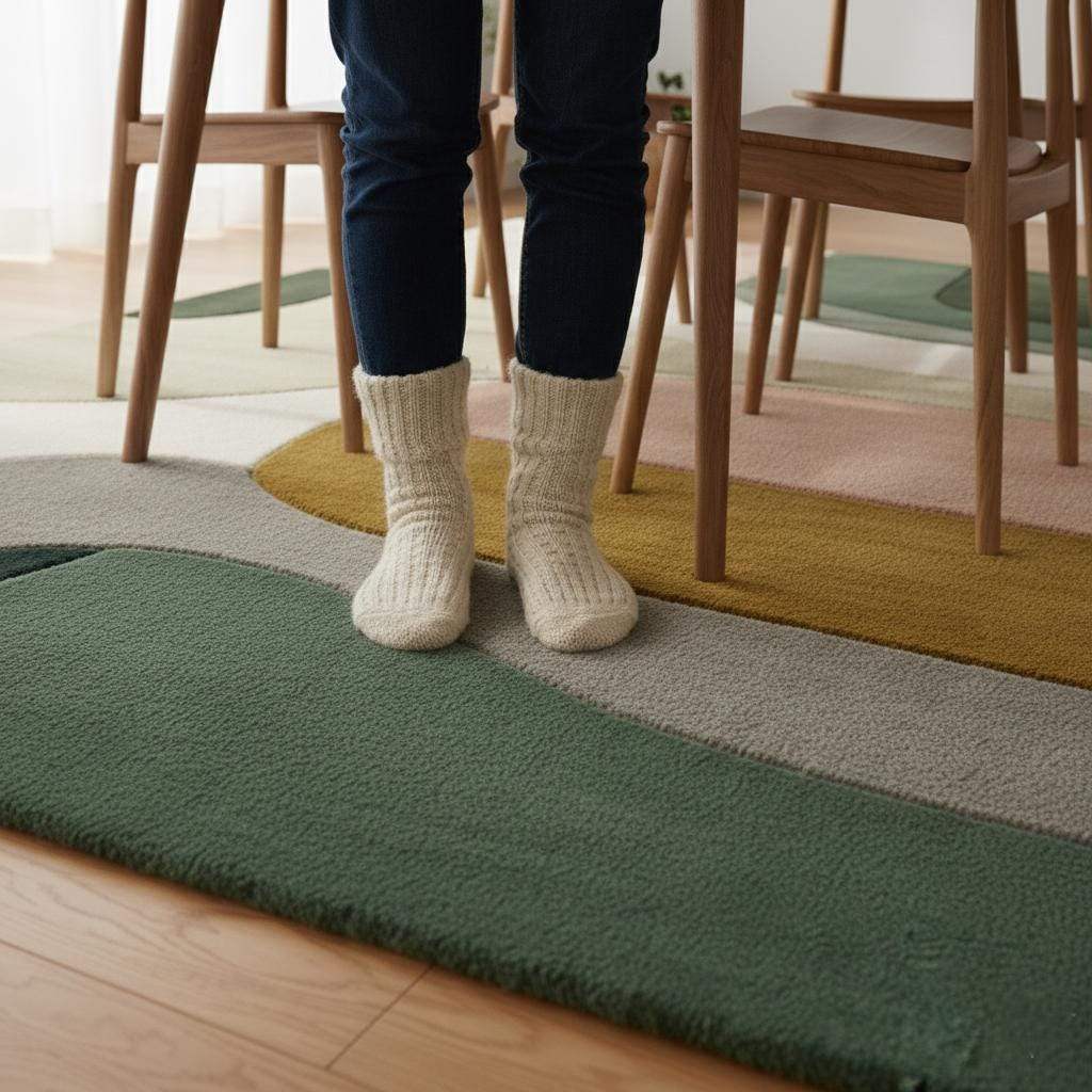 Mid-century color block area rug with curved geometric design and soft neutral tones