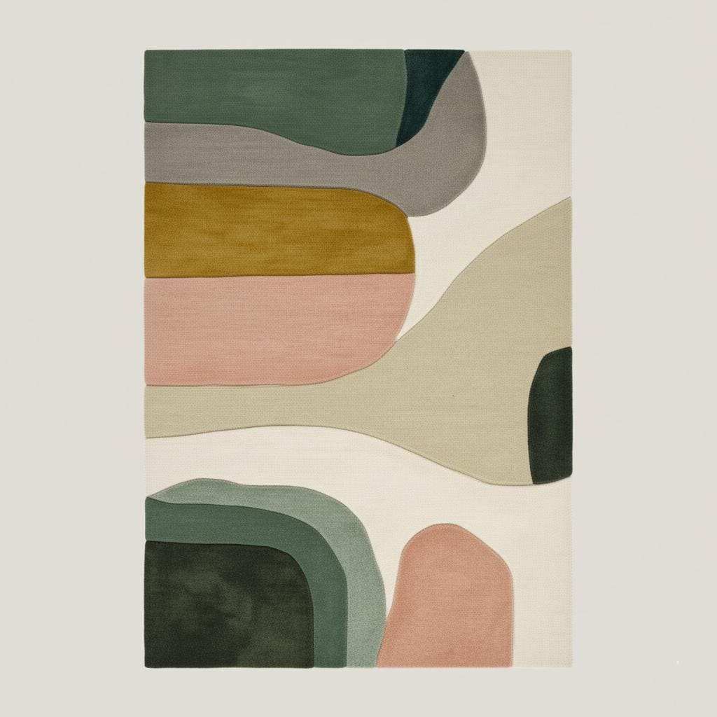 Rectangular color block area rug with mid-century geometric design in sage green, blush pink, mustard, cream, and grey tones