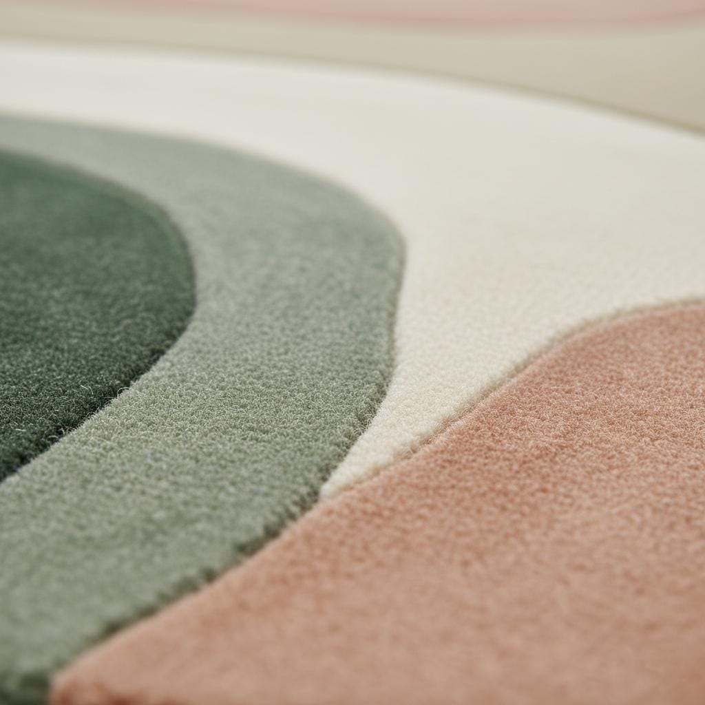 Mid-century color block area rug with geometric design in soft neutral tones