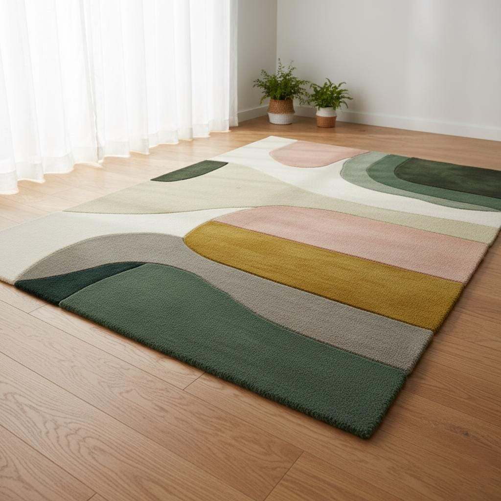 Mid-century color block area rug with soft neutral tones and geometric design