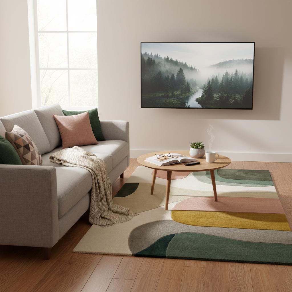 Mid-century color block area rug with soft neutral geometric design and rounded edges