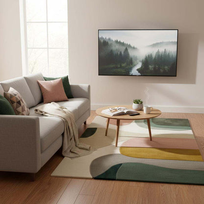 Mid-century color block area rug with soft neutral geometric design and rounded edges