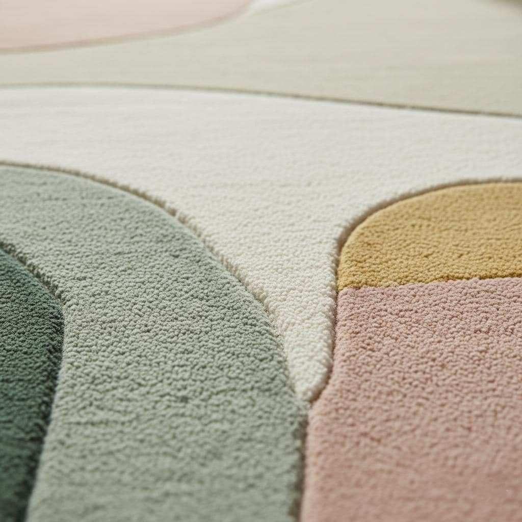 Mid-century color block area rug with soft neutral geometric design in sage, blush, mustard, cream, and grey tones