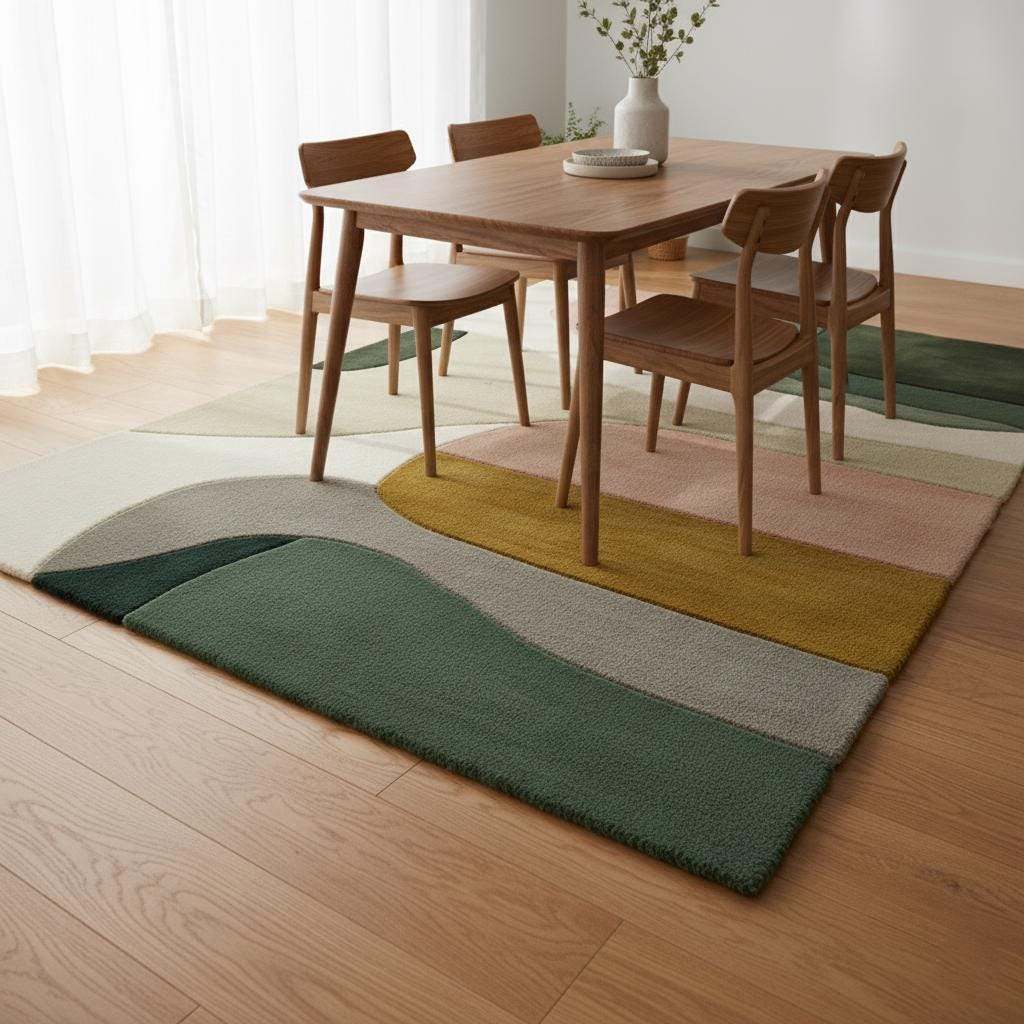 Mid-century color block area rug with geometric design in soft neutral tones including sage green, blush pink, mustard, cream, and grey