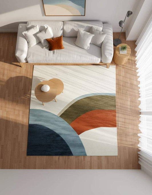 Abstract Color Block Area Rug: Terracotta, Sage, and Blue on Ivory