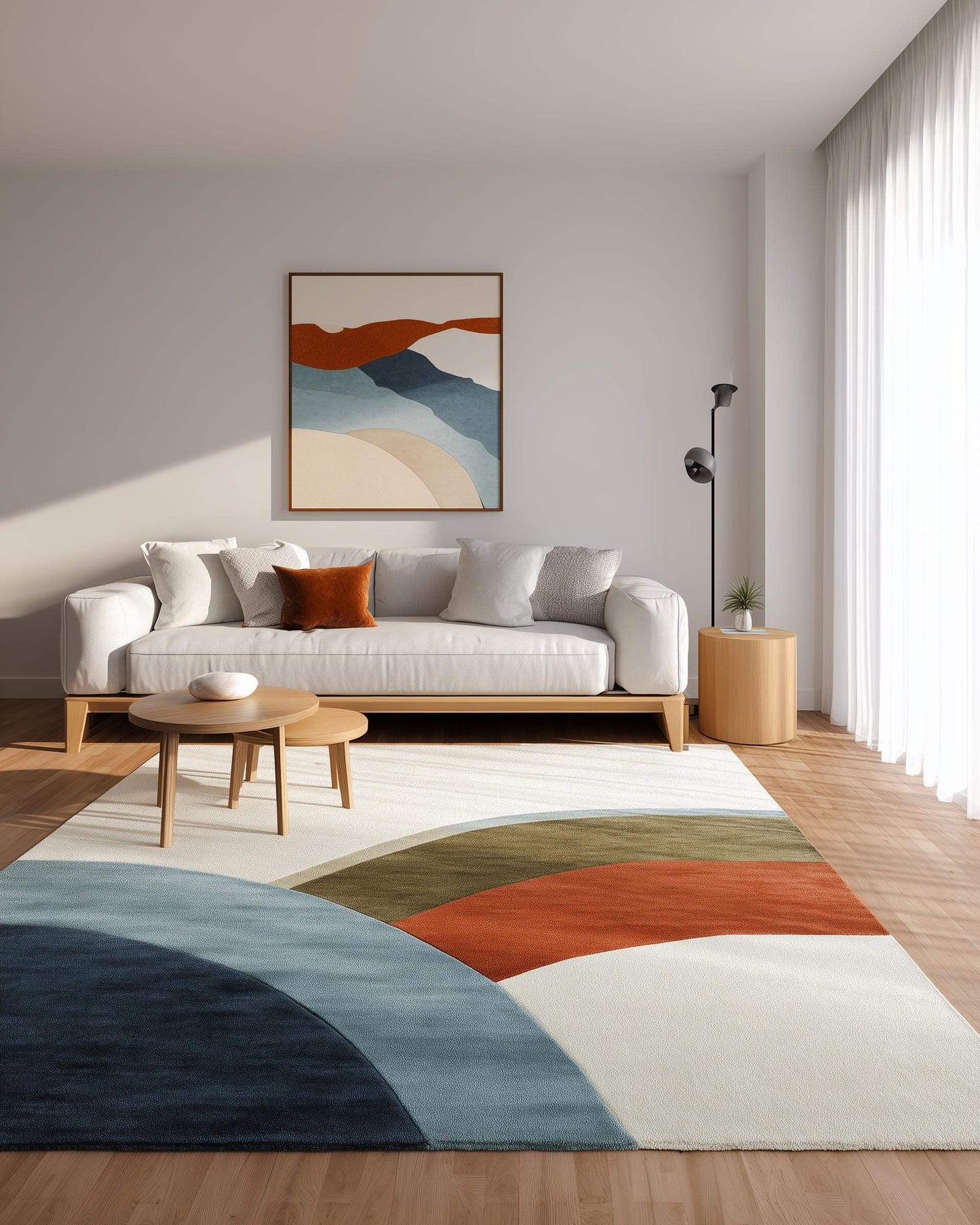 Abstract Color Block Area Rug: Terracotta, Sage, and Blue on Ivory