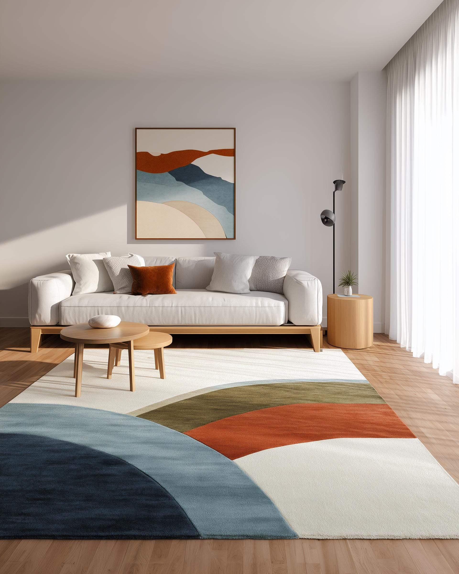 Abstract Color Block Area Rug: Terracotta, Sage, and Blue on Ivory